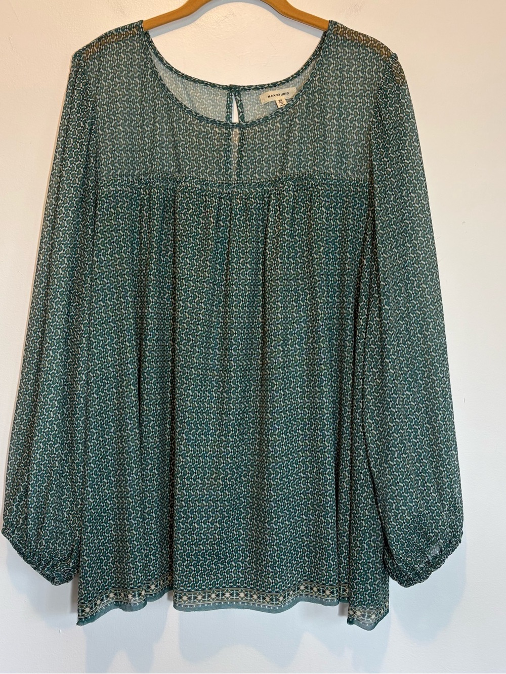 Max Studio Breezy Babydoll Top Semi Sheer Green Print 3X Long Sleeve